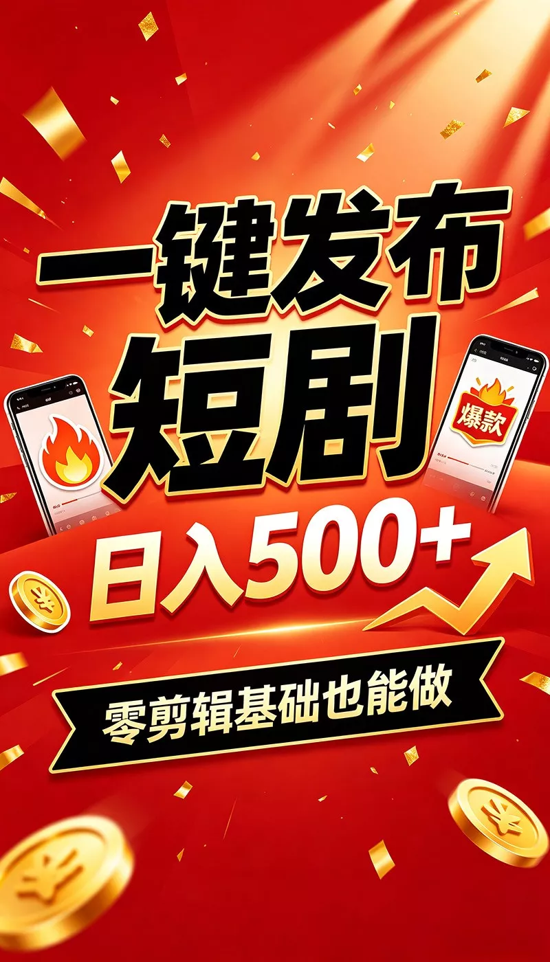 快手短剧一键发布，不用剪辑操作简单，副业日入500+。空闲时间轻松赚收益主用 -、辅助 +中赚AI网