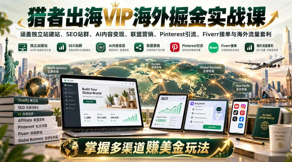 猎者出海VIP海外掘金实战课：涵盖独立站、SEO站群、AI变现、联盟营销、Pinterest引流、Fiverr接单与海外流量套利，掌握多渠道賺美金玩法客创社区-专注互联网轻资产资源整合与分享客创社区-专注互联网轻资产资源整合与分享