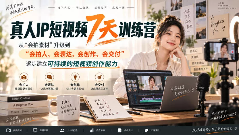 真人IP短视频7天训练营，从“会拍素材”升级到“会拍人、会表达、会创作、会交付”，逐步建立可持续的短视频创作能力 《鱼见海科技》-鱼见海资源网-免费PHP网站源码模板,插件软件网创AI智能体资源分享平台！