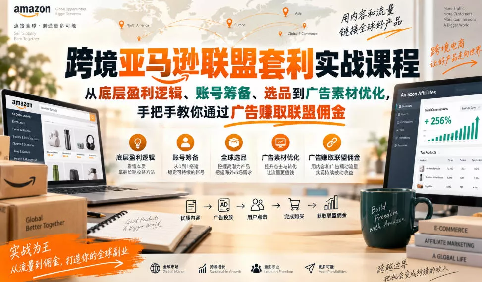 跨境亚马逊联盟套利实战课程，从底层盈利逻辑、账号筹备、选品到广告素材优化，手把手教你通过广告賺取联盟佣金 《鱼见海科技》-鱼见海资源网-免费PHP网站源码模板,插件软件网创AI智能体资源分享平台！