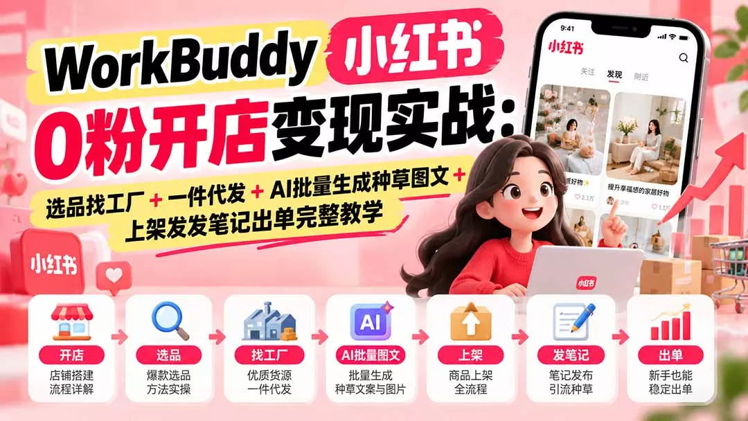 WorkBuddy小红书0粉开店变现实战：选品找工厂+一件代发+AI批量生成种草图文+上架发发笔记出单完整教学星享资源网HS游戏库