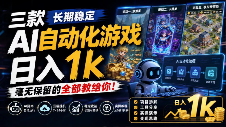 三款长期稳定AI自动化游戏，日入1k，毫无保留的全部教给你！【揭秘】-鱼见海资源网-免费PHP网站源码模板,插件软件网创AI智能体资源分享平台！
