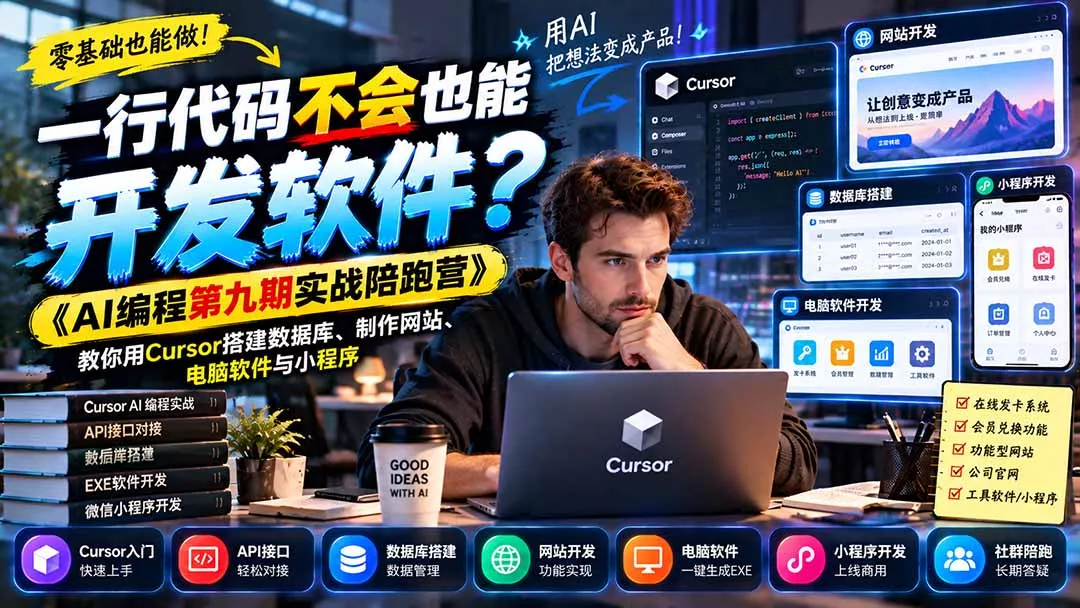 一行代码不会也能开发软件？《AI编程第九期实战陪跑营》教你用Cursor搭建数据库、制作网站、电脑软件与小程序