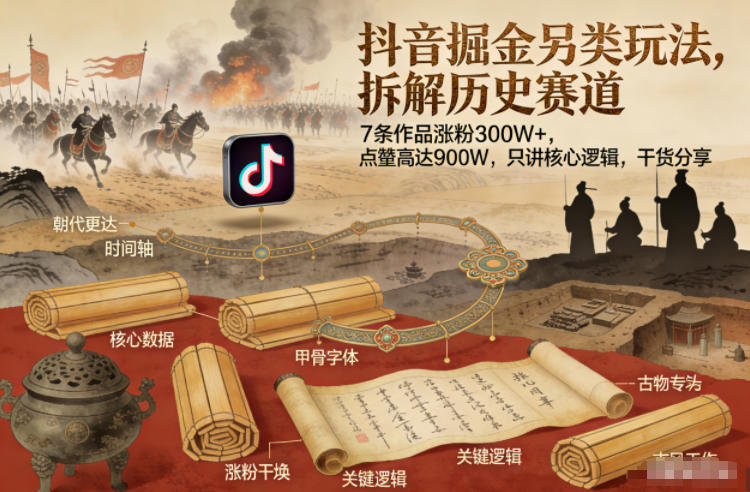 抖音掘金另类玩法，拆解历史赛道，7条作品涨粉300W+，点赞量高达900W，只讲核心逻辑，干货分享客创社区-专注互联网轻资产资源整合与分享客创社区-专注互联网轻资产资源整合与分享