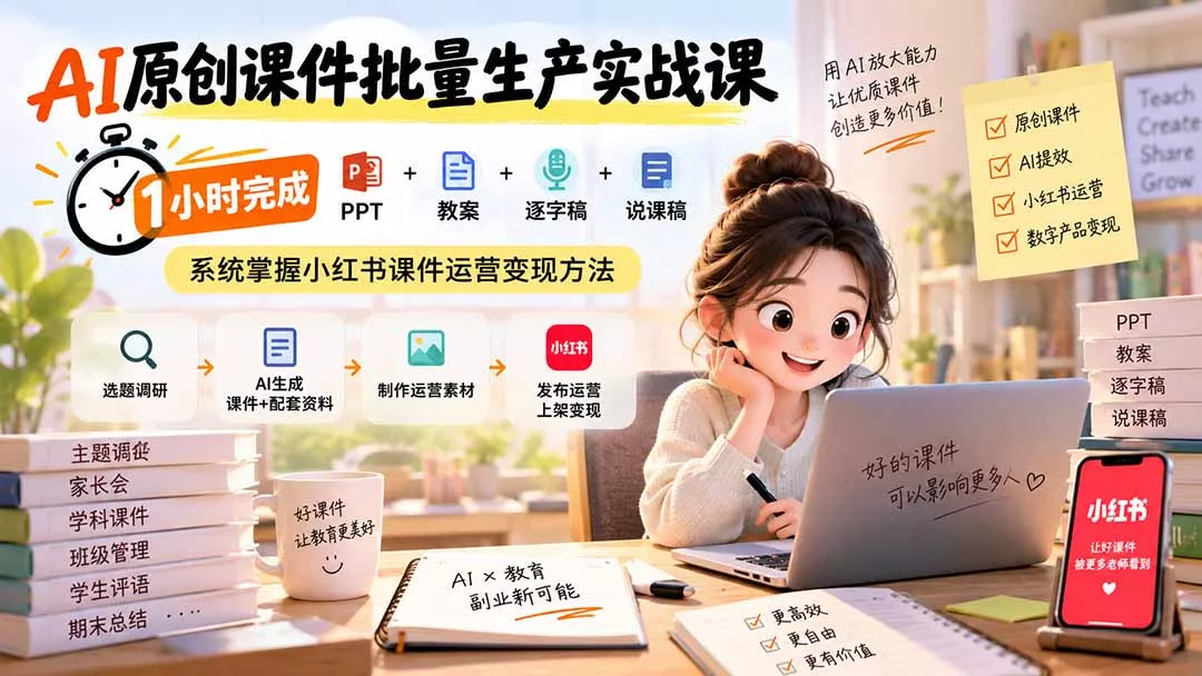 AI原创课件批量生产实战课：1小时完成PPT+教案+逐字稿+说课稿，系统掌握小红书课件运营变现方法 《鱼见海科技》-鱼见海资源网-免费PHP网站源码模板,插件软件网创AI智能体资源分享平台！