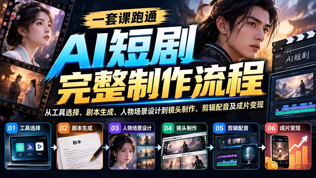 一套课跑通AI短剧完整制作流程：从工具选择、剧本生成、人物场景设计到镜头制作、剪辑配音及成片变现-鱼见海资源网-免费PHP网站源码模板,插件软件网创AI智能体资源分享平台！