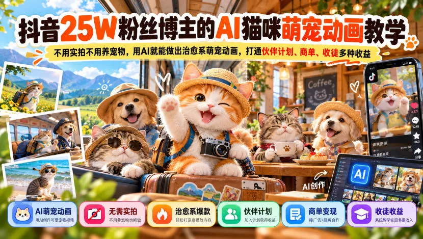 抖音25W粉丝博主的AI猫咪萌宠动画教学，不用实拍不用养宠物，用AI就能做出改善系萌宠动画，打通伙伴计划、商单、收徒多种收益 《鱼见海科技》-鱼见海资源网-免费PHP网站源码模板,插件软件网创AI智能体资源分享平台！