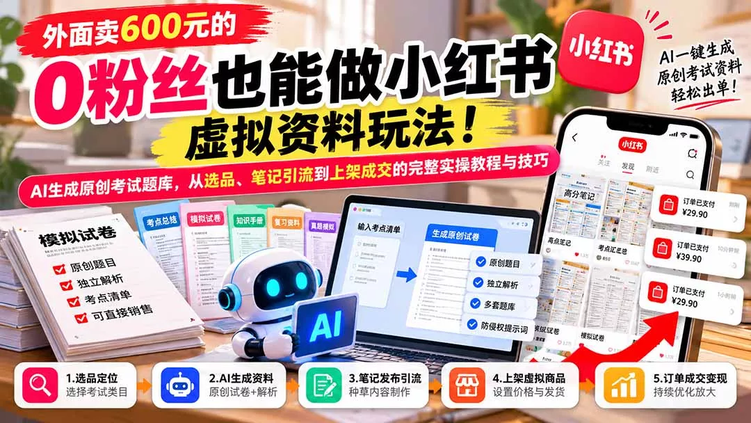 外面卖600元的 零粉丝也能做小红书虚拟资料玩法！AI生成原创考试题库，从选品、笔记引流到上架成交的完整实操教程客创社区-专注互联网轻资产资源整合与分享客创社区-专注互联网轻资产资源整合与分享