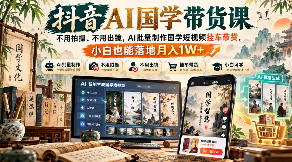 抖音AI国学带货课，不用拍摄、不用出镜，AI批量制作国学短视频挂车带货，小白也能落地月入1W+ 《鱼见海科技》-鱼见海资源网-免费PHP网站源码模板,插件软件网创AI智能体资源分享平台！