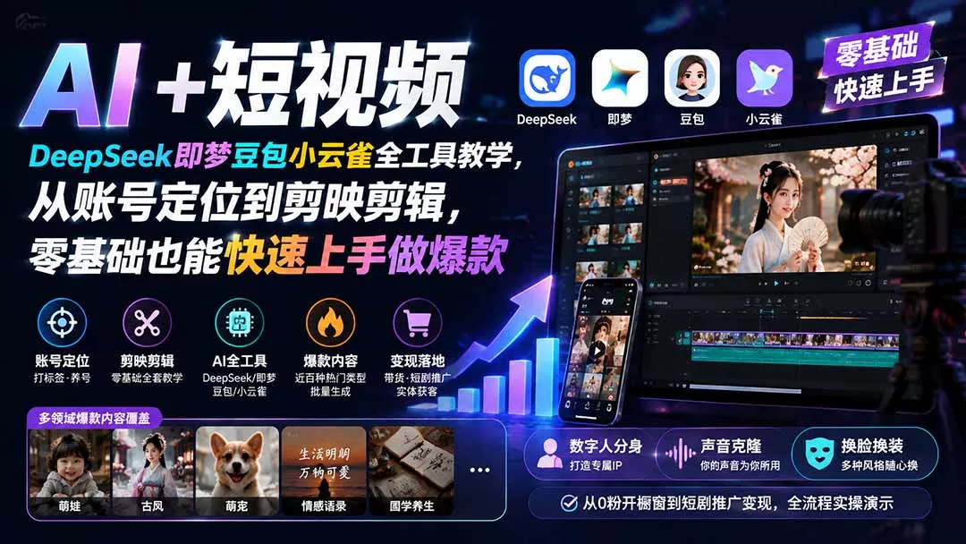 AI+短视频｜DeepSeek即梦豆包小云雀全工具教学，从账号定位到剪映剪辑，零基础也能快速上手做爆款-聚码资源