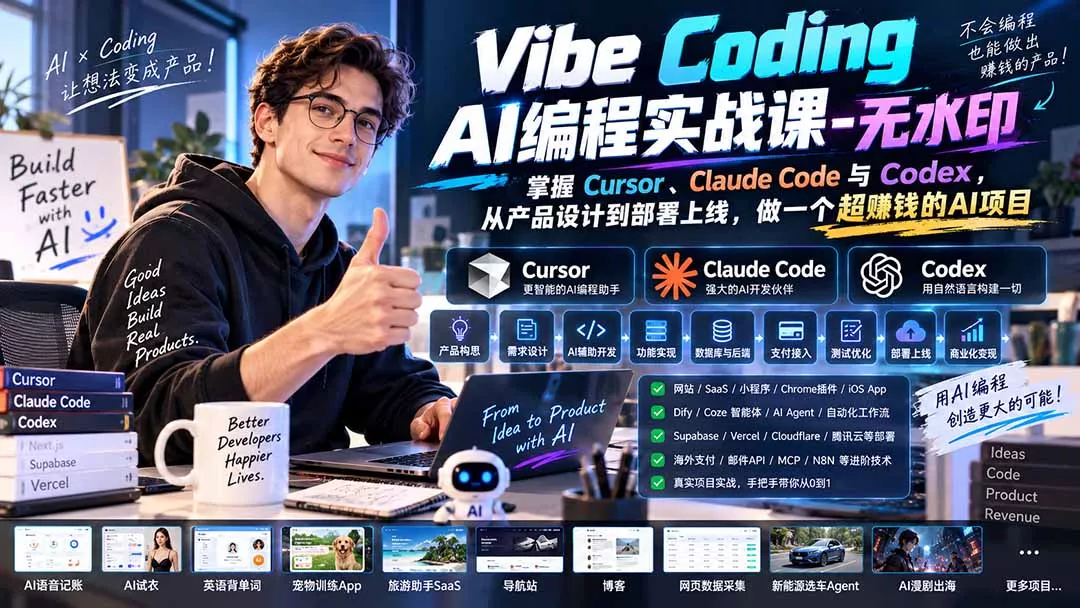 Vibe Coding AI编程实战课-无水印：掌握Cursor、Claude Code与Codex，从产品设计到部署上线，做一个超赚钱的AI项目客创社区-专注互联网轻资产资源整合与分享客创社区-专注互联网轻资产资源整合与分享