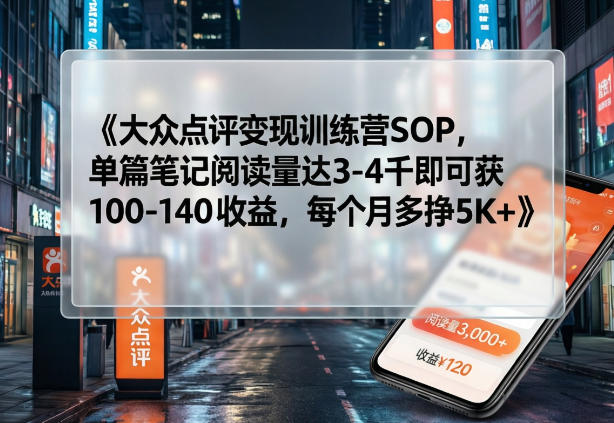 大众点评变现训练营SOP，单篇笔记阅读量达3-4千即可获100-140收益，每个月多挣5K+客创社区-专注互联网轻资产资源整合与分享客创社区-专注互联网轻资产资源整合与分享
