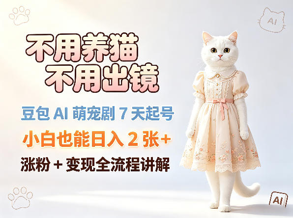 不用养猫不用出镜，豆包AI萌宠剧7天起号，小白也能日入2张+，涨粉+变现全流程讲解客创社区-专注互联网轻资产资源整合与分享客创社区-专注互联网轻资产资源整合与分享