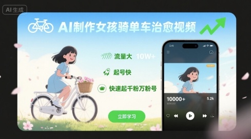 AI制作女孩骑单车治愈视频，流量大，起号快，快速起千粉万粉号-客创社 - 专注互联网轻资产创业及网络项目资源整合与分享客创社-免费且强大的项目分享网站！