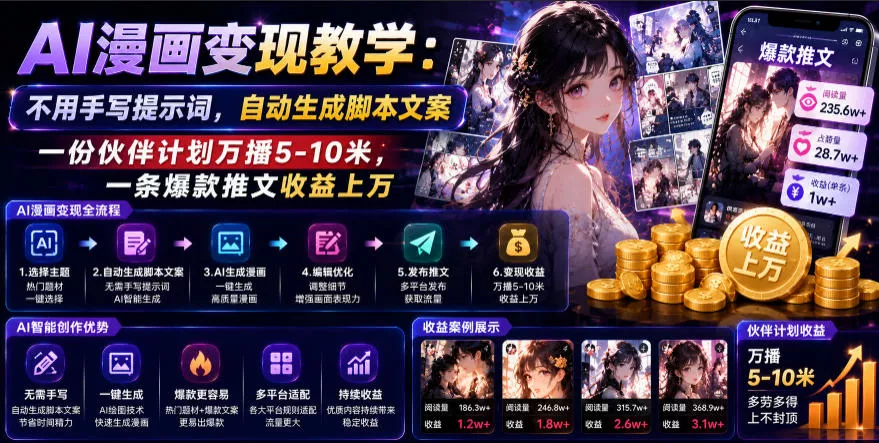 AI漫画变现教学：不用手写提示词，自动生成脚本文案，一份伙伴计划万播5-10米，一条爆款推文收益上W客创社区-专注互联网轻资产资源整合与分享客创社区-专注互联网轻资产资源整合与分享
