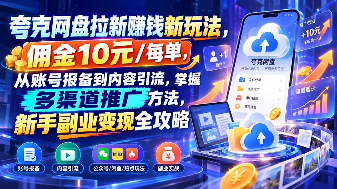 夸克网盘拉新赚钱新玩法，佣金10元/每单，从账号报备到内容引流，掌握多渠道推广方法，新手副业变现全攻略客创社区-专注互联网轻资产资源整合与分享客创社区-专注互联网轻资产资源整合与分享