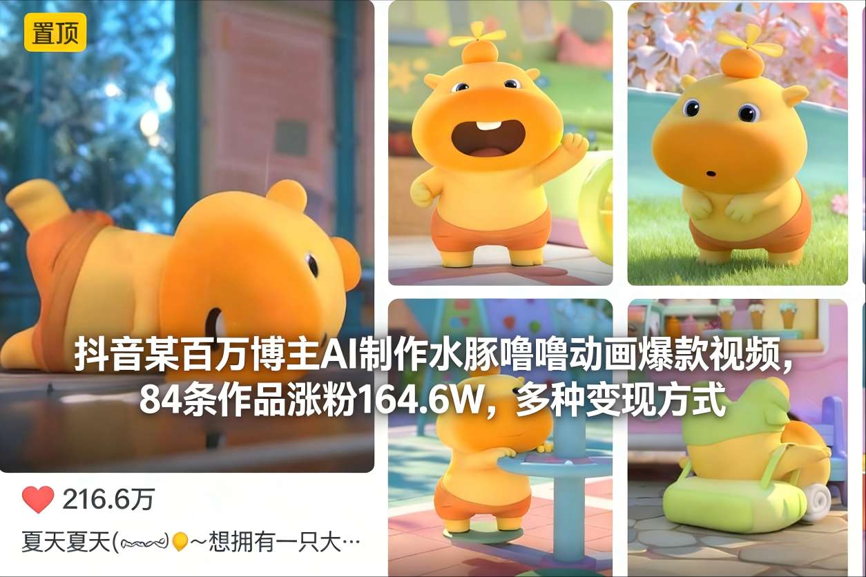 抖音某百万博主AI制作水豚噜噜动画爆款视频，84条作品涨粉164.6W，多种变现方式客创社区-专注互联网轻资产资源整合与分享客创社区-专注互联网轻资产资源整合与分享