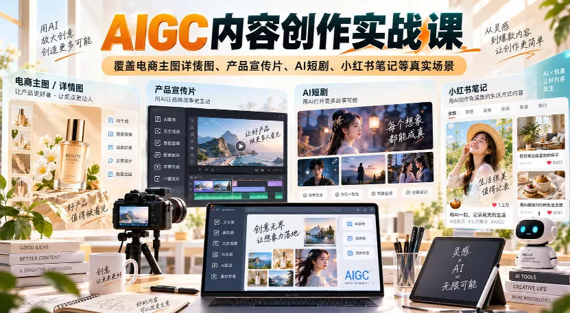 AIGC内容创作实战课，覆盖电商主图详情图、产品宣传片、AI短剧、小红书笔记等真实场景客创社区-专注互联网轻资产资源整合与分享客创社区-专注互联网轻资产资源整合与分享