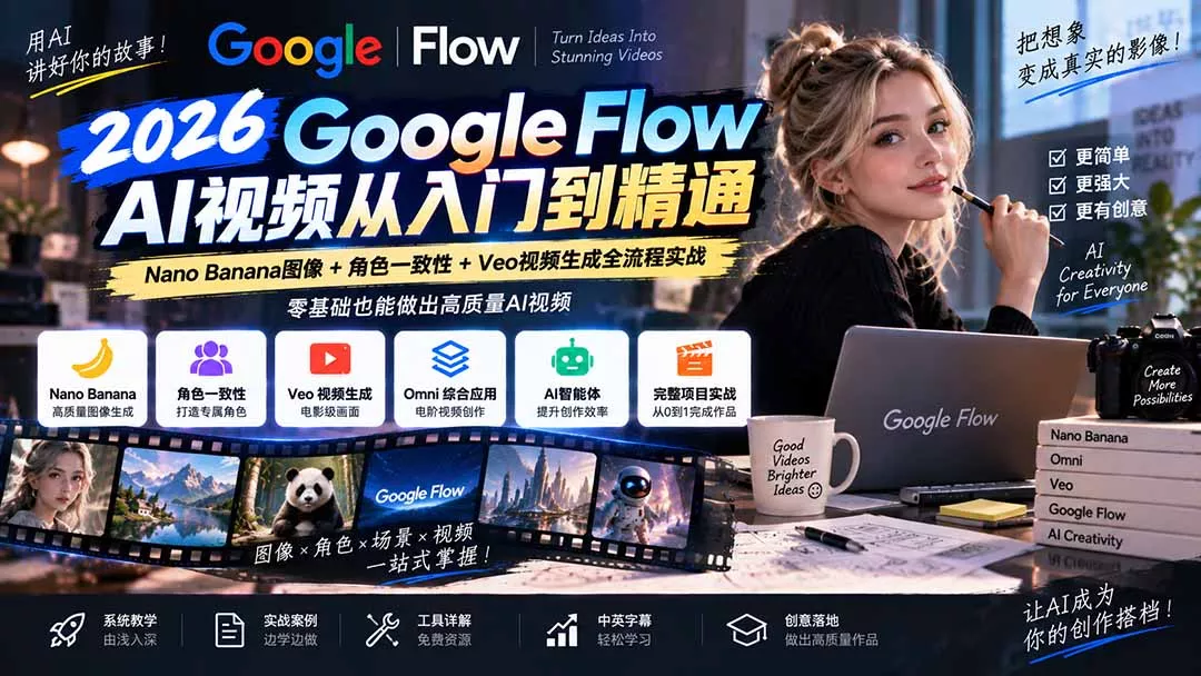【无水印】Google Flow AI视频从入门到精通：Nano Banana图像+角色一致性+Veo视频生成全流程实战-精翻中英字幕客创社区-专注互联网轻资产资源整合与分享客创社区-专注互联网轻资产资源整合与分享