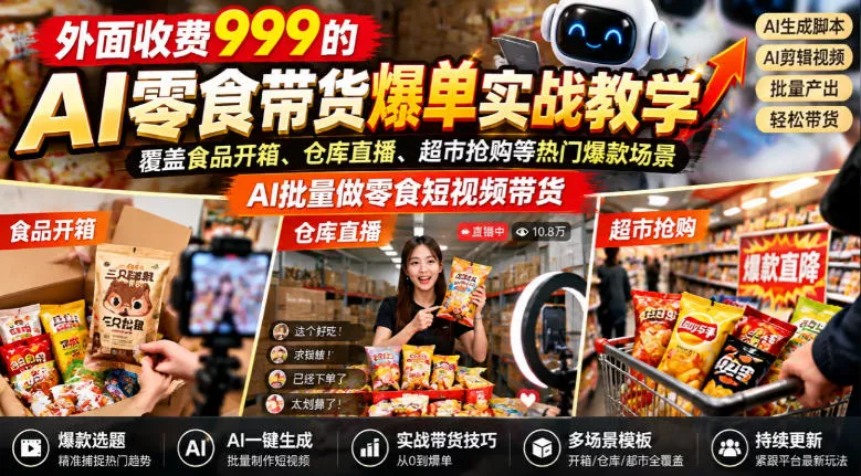 外面收费999的AI零食带货爆单实战教学，覆盖食品开箱、仓库直播、超市抢购等热门爆款场景，AI批量做零食短视频带货-第一人副业终点站