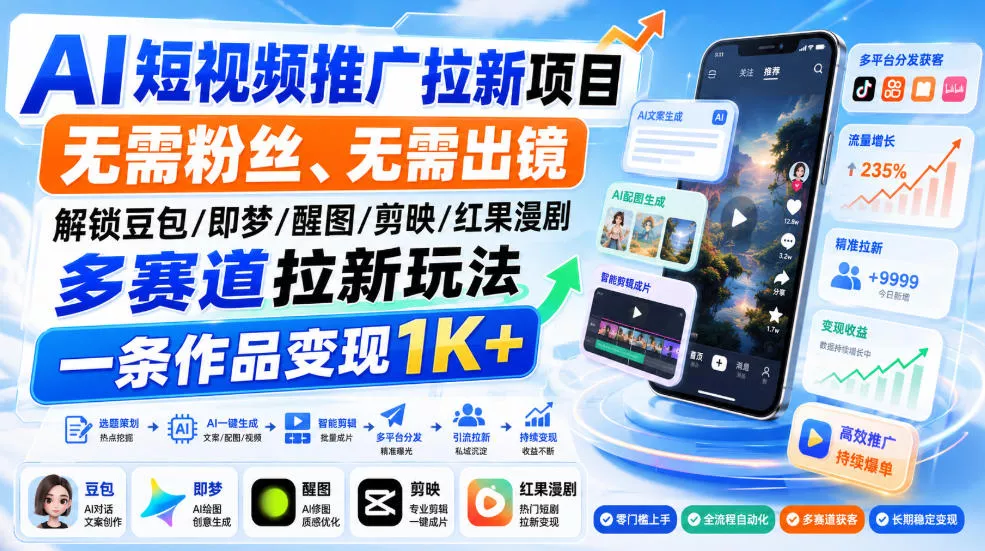 AI短视频推广拉新项目，无需粉丝、无需出镜，解锁豆包/即梦/醒图/剪映/红果漫剧多赛道拉新玩法，一条作品变现1K+ 《鱼见海科技》-鱼见海资源网-免费PHP网站源码模板,插件软件网创AI智能体资源分享平台！