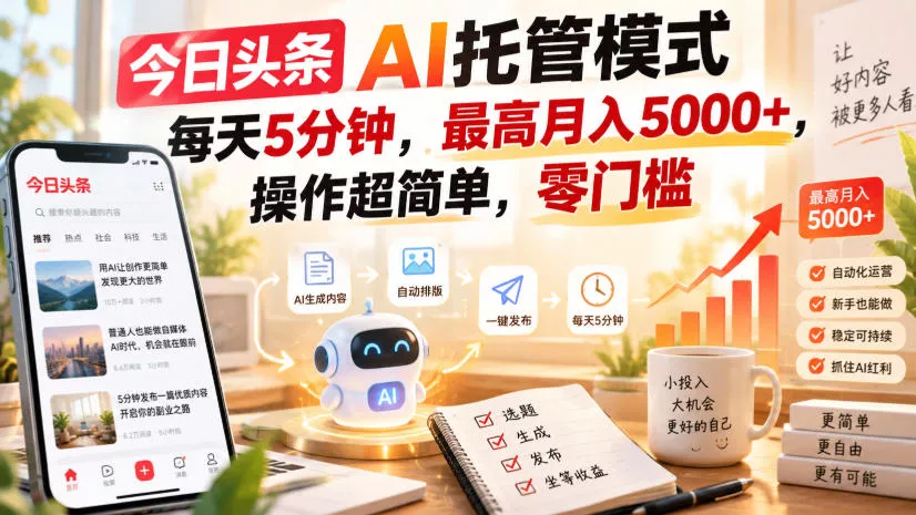 今日头条AI托管模式，每天5分钟，最高月入5000+，操作超简单，零门槛【揭秘】主用 -、辅助 +中赚AI网