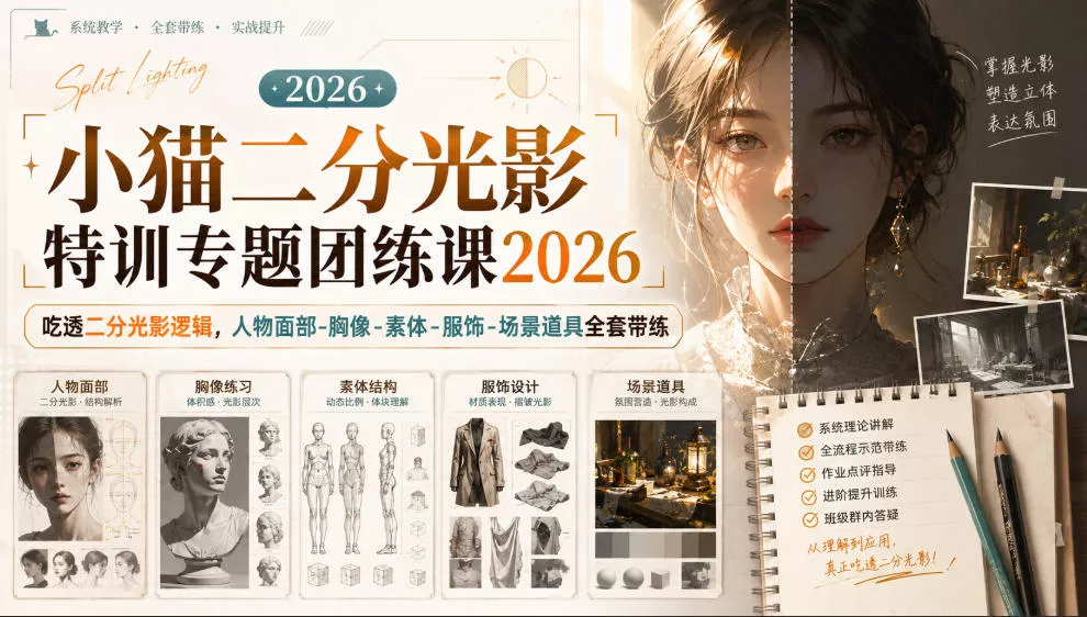小猫二分光影特训专题团练课2026｜吃透二分光影逻辑，人物面部‑胸像‑素体‑服饰‑场景道具全套带练，高清画质附赠课件与笔刷客创社区-专注互联网轻资产资源整合与分享客创社区-专注互联网轻资产资源整合与分享