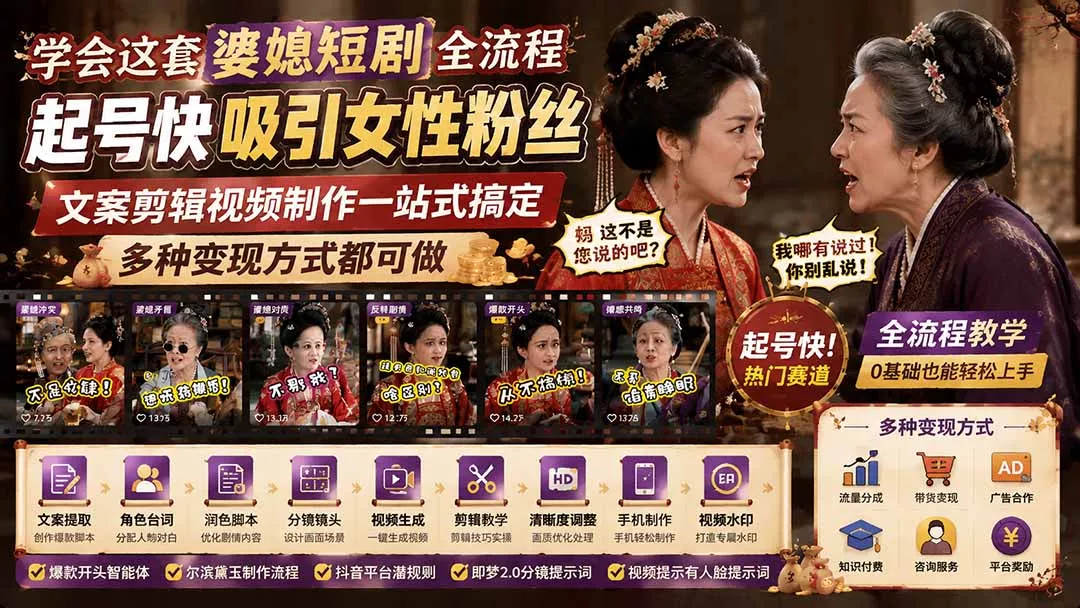 学会这套婆媳短剧全流程：起号快吸引女性粉丝，文案剪辑视频制作一站式搞定，多种变现方式都可做 《鱼见海科技》-鱼见海资源网-免费PHP网站源码模板,插件软件网创AI智能体资源分享平台！