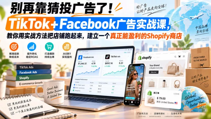 别再靠猜投广告了！TikTok+Facebook广告实战课，教你用实战方法把店铺跑起来，建立一个真正能盈利的Shopify商店【原创双语字幕】 《鱼见海科技》-鱼见海资源网-免费PHP网站源码模板,插件软件网创AI智能体资源分享平台！