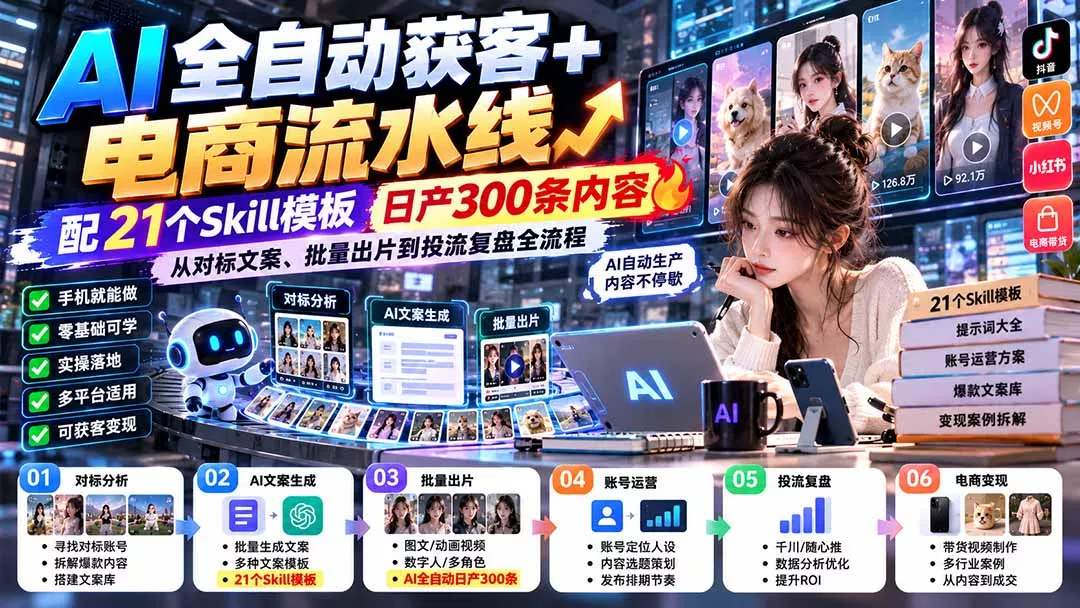 【无水印】AI全自动获客+电商流水线：配21个Skill模板，日