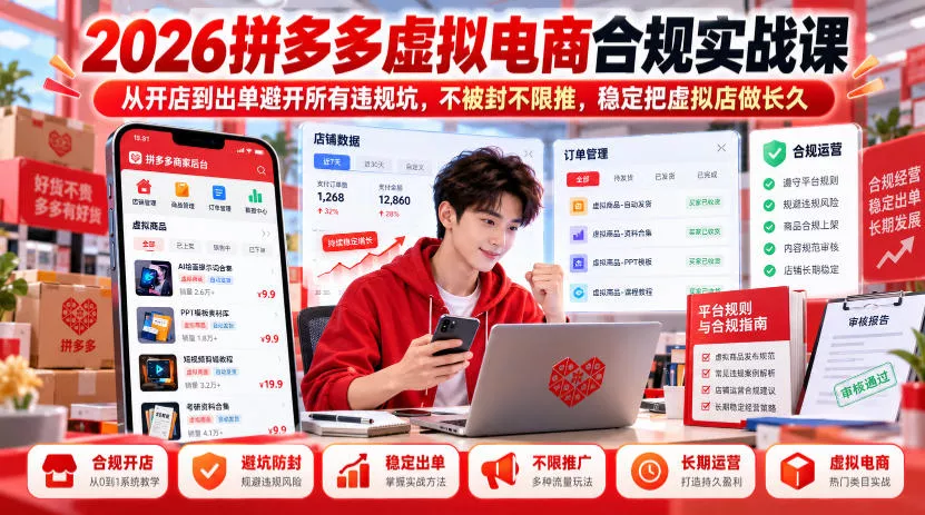 2026拼多多虚拟电商合规实战课，从开店到出单避开所有违规坑，不被封不限推，稳定把虚拟店做长久 《鱼见海科技》-鱼见海资源网-免费PHP网站源码模板,插件软件网创AI智能体资源分享平台！