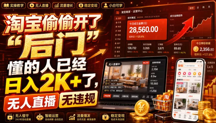 淘宝偷偷开了“后门”，懂的人已经日入2K+了，无人直播无违规，一台电脑=一家24小时营业的线上门店【揭秘】 《鱼见海科技》-鱼见海资源网-免费PHP网站源码模板,插件软件网创AI智能体资源分享平台！