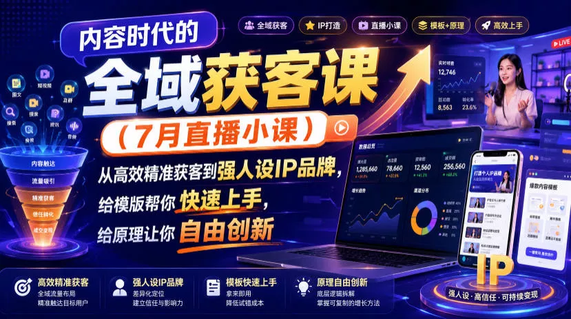 内容时代的全域获客课(7月直播小课)，从高效精准获客到强人设IP品牌，给模版帮你快速上手，给原理让你自由创新 《鱼见海科技》-鱼见海资源网-免费PHP网站源码模板,插件软件网创AI智能体资源分享平台！