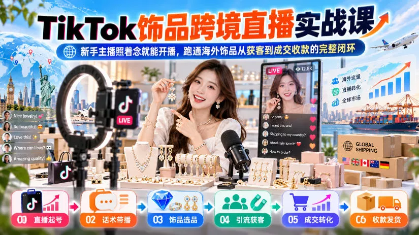 TikTok饰品跨境直播实战课，新手主播照着念就能开播，跑通海外饰品从获客到成交收款的完整闭环 《鱼见海科技》-鱼见海资源网-免费PHP网站源码模板,插件软件网创AI智能体资源分享平台！