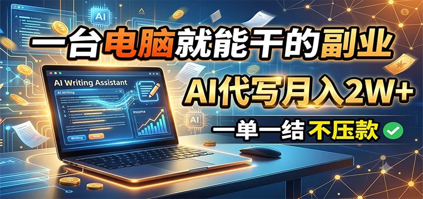 一台电脑就能干的副业,AI代写月入2W+,一单一结不压款主用 -、辅助 +中赚AI网
