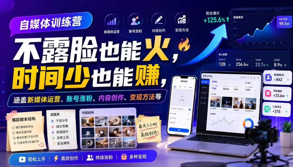 自媒体训练营，不露脸也能火，时间少也能賺，涵盖新媒体运营、账号涨粉、内容创作、变现方法等 《鱼见海科技》-鱼见海资源网-免费PHP网站源码模板,插件软件网创AI智能体资源分享平台！