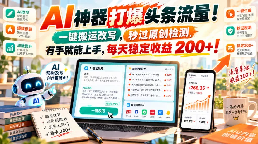 AI神器打爆头条流量,一键搬运改写,秒过原创检测,有手就能上手,每天稳定收益200+!【揭秘】 AI神器打爆头条流量,一键搬运改写,秒过原创检测,有手就能上手,