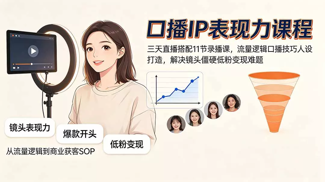 口播IP表现力课程｜三天直播搭配11节录播课，流量逻辑口播技巧人设打造，解决镜头僵硬低粉变现难题 《鱼见海科技》-鱼见海资源网-免费PHP网站源码模板,插件软件网创AI智能体资源分享平台！