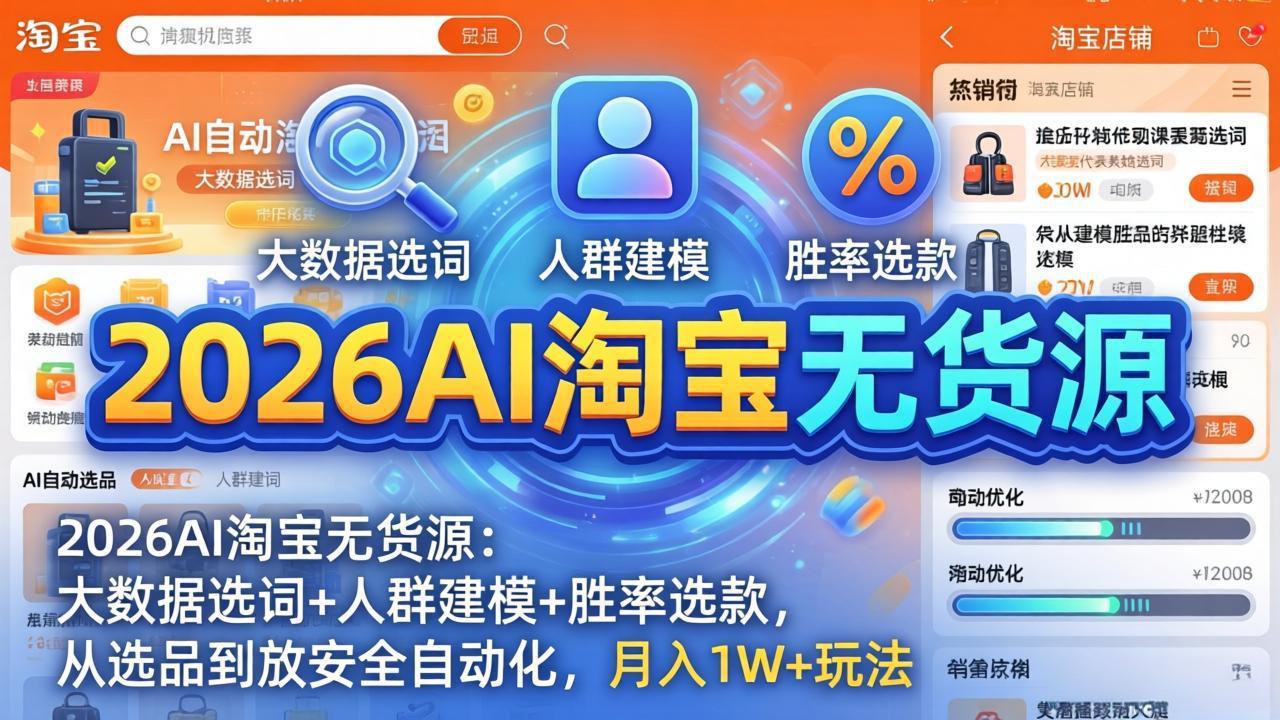 2026AI淘宝无货源-4月更新：大数据选词+人群建模+胜率选款，从选品到放大全自动化，月入1W+玩法客创社区-专注互联网轻资产资源整合与分享客创社区-专注互联网轻资产资源整合与分享