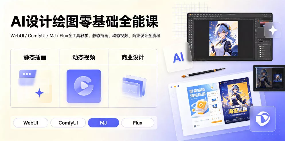 da226c8445501d54b991ebbfdb738eb4.webp AI设计绘图零基础全能课|WebUI/ComfyUI/MJ/Flux全工具教学,静态插画、动态视频、商业设计全流程