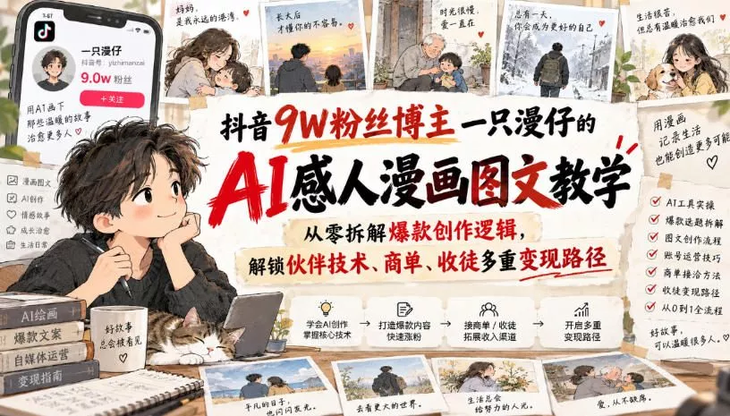 抖音9W粉丝博主一只漫仔的AI感人漫画图文教学，从零拆解爆款创作逻辑，解锁伙伴技术、商单、收徒多重变现路径 《鱼见海科技》-鱼见海资源网-免费PHP网站源码模板,插件软件网创AI智能体资源分享平台！