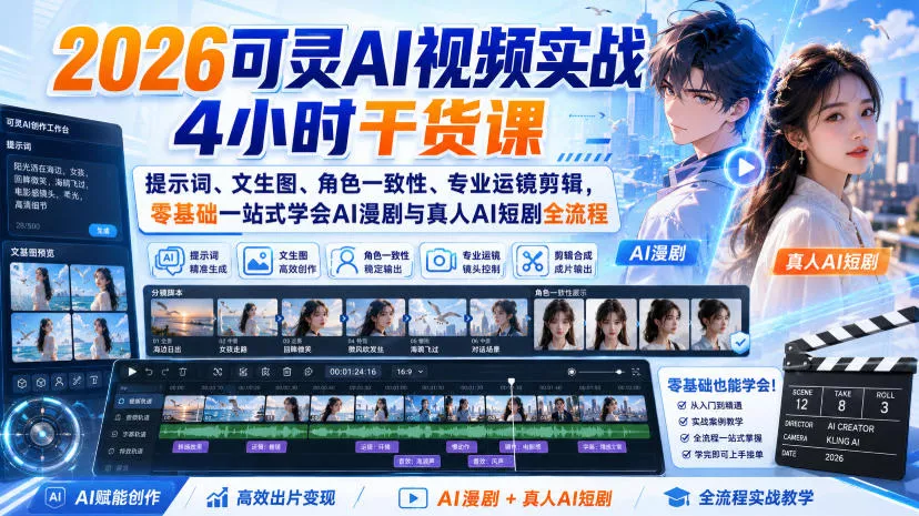 2026可灵AI视频实战4小时干货课｜提示词、文生图、角色一致性、专业运镜剪辑，零基础一站式学会AI漫剧与真人AI短剧全流程-鱼见海资源网-免费PHP网站源码模板,插件软件网创AI智能体资源分享平台！