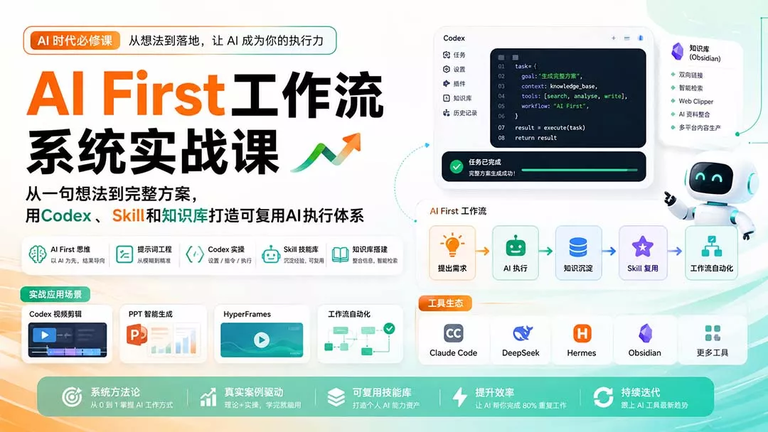 AI First工作流系统实战课：从一句想法到完整方案，用Codex、Skill和知识库打造可复用AI执行体系 《鱼见海科技》-鱼见海资源网-免费PHP网站源码模板,插件软件网创AI智能体资源分享平台！
