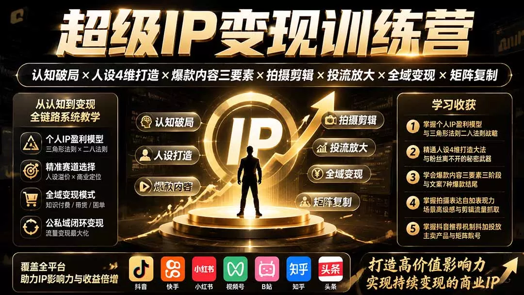 超级IP变现训练营：认知破局×人设4维打造×爆款内容三要素×拍摄剪辑×投流放大×全域变现×矩阵复制 《鱼见海科技》-鱼见海资源网-免费PHP网站源码模板,插件软件网创AI智能体资源分享平台！