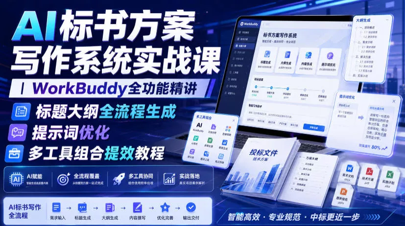 AI标书方案写作系统实战课｜WorkBuddy全功能精讲・标题大纲全流程生成・提示词优化・多工具组合提效教程 《鱼见海科技》-鱼见海资源网-免费PHP网站源码模板,插件软件网创AI智能体资源分享平台！