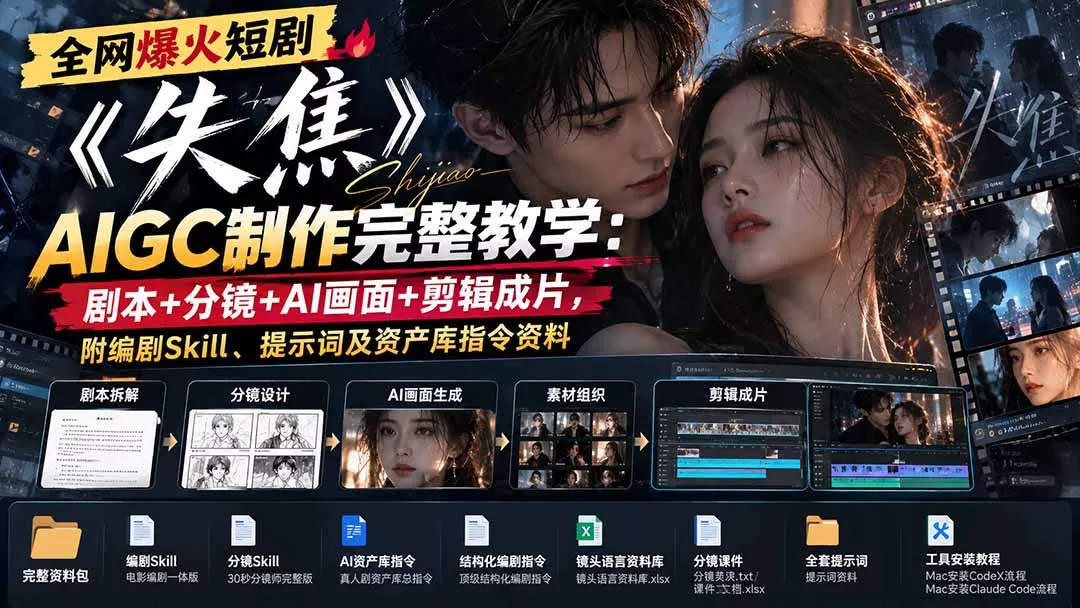 全网爆火短剧《失焦》AIGC制作完整教学：剧本+分镜+AI画面+剪辑成片，附编剧Skill、提示词及资产库指令资料星享资源网HS游戏库