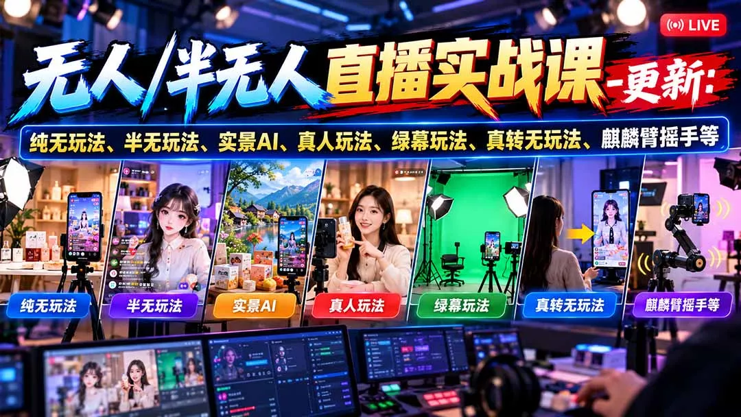 无人/半无人直播实战课-10月20更新：纯无玩法、半无玩法、实景AI、真人玩法、绿幕玩法、真转无玩法、麒麟臂摇手等客创社区-专注互联网轻资产资源整合与分享客创社区-专注互联网轻资产资源整合与分享