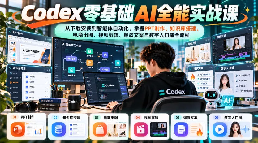 Codex零基础AI全能实战课：从下载安装到智能体自动化，掌握知识库搭建、电商出图、视频剪辑、爆款文案与数字人口播全流程 《鱼见海科技》-鱼见海资源网-免费PHP网站源码模板,插件软件网创AI智能体资源分享平台！