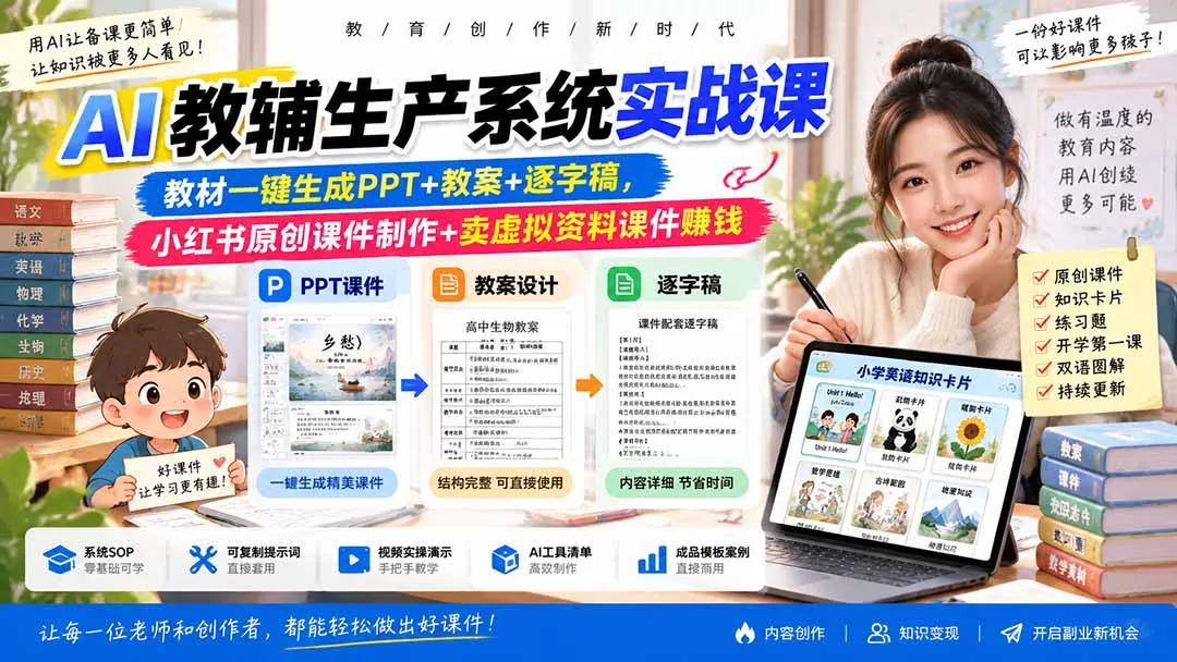 AI教辅生产系统实战课｜教材一键生成PPT+教案+逐字稿，小红书原创课件制作+卖虚拟资料课件赚钱星享资源网星享资源网