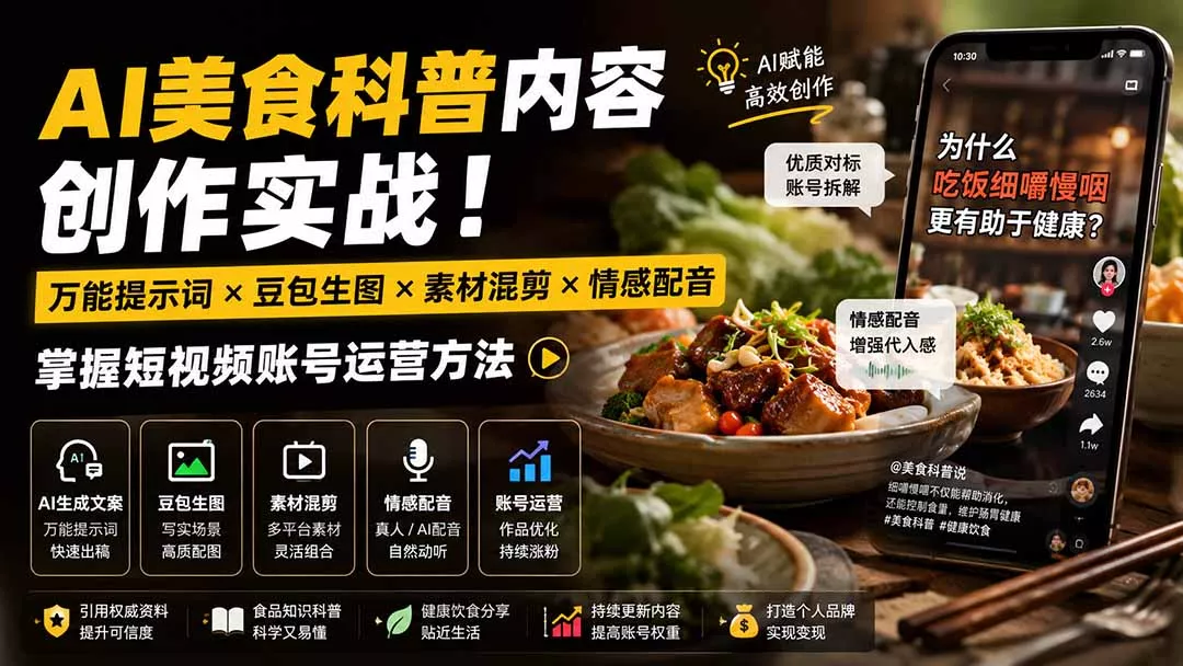 外面卖199元-AI美食科普内容创作实战！多场景适用提示词×豆包